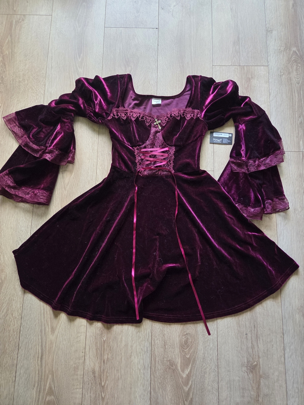 Spirit Womens Burgundy Velvet Medieval Dress with Lace-Up Bodice